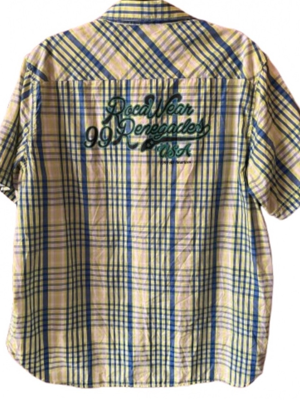 Vintage Y2K Rocawear 99 Renegades USA Plaid Cotton Shirt 2XL Blue Yellow